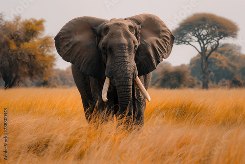 A majestic African elephant strides across the golden savannah, its imposing presence accentuated by the soft, warm light filtering through the trees.