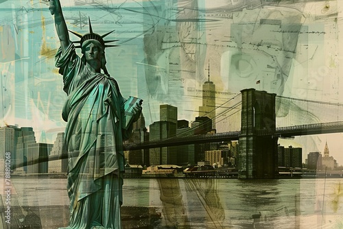 Urban Fusion - Statue of Liberty and Brooklyn Bridge Artistic Collage