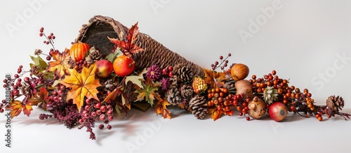 A cornucopia holding a Fall arrangement set against a white backdrop.