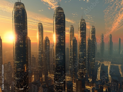 A cityscape with tall buildings and a large sun in the sky. The sun is setting, casting a warm glow over the city. The buildings are lit up at night, creating a sense of energy and excitement