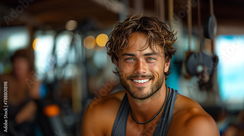 White man smiling in a gym after workout. Body care and sport.