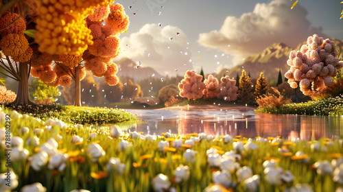 3D animation of a popcorn park with a buttery pond and gigantic popcorn trees in the background. attractive eyes photo