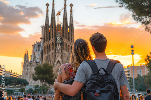 Couple near the Sagrada Familia at sunset