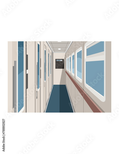 Sleeper train car corridor. Simple flat illustration in perspective view.