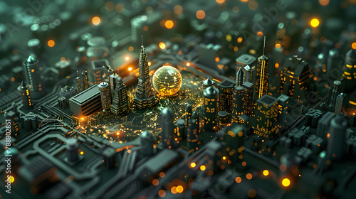 3D concept of the world surrounded by urban constructions. The world is painted in tints of topaz and viridian. creating a mood of invention and global evolution. In a magnified perspective