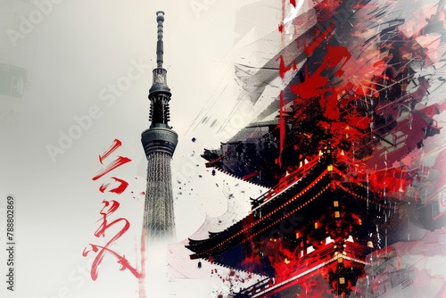 Tokyo Skyline Meets Tradition - Tokyo Tower and Temple Double Exposure photo