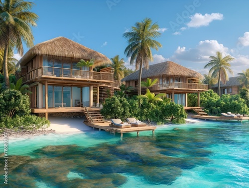 A beach house with a dock and a pool. The house is surrounded by palm trees and the water is blue
