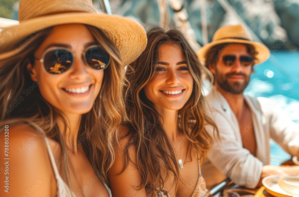 A smiling woman with friends on a yacht A smiling woman with friends on a yacht