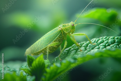 AI generated illustration of a green insect with round eyes perched on a leaf