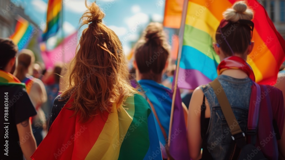 couple of women in an LGBT march with flags representing the group couple of women in an LGBT march with flags representing the group