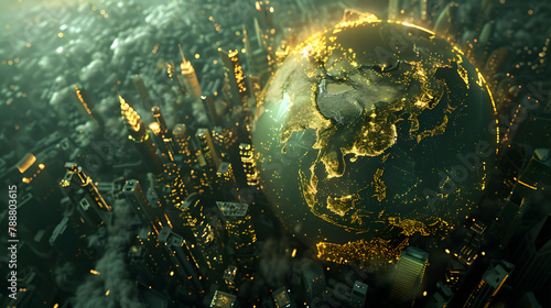 3D portrayal of the globe encompassed by urban edifices. The globe is imbued with shades of gold and jade. fostering a sense of novelty and global progression. In a magnified view photo