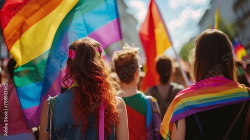 couple of LGBT people in a march with inclusion flags