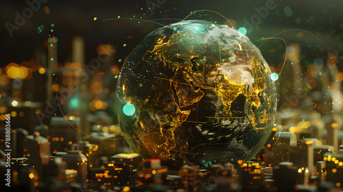 3D portrayal of the globe encompassed by urban edifices. The globe is imbued with shades of gold and jade. fostering a sense of novelty and global progression. In a magnified view photo