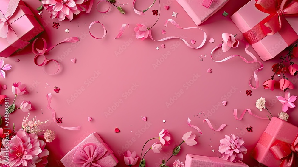 A vibrant pink background adorned with charming gift boxes sets the stage perfect for occasions like Valentine s Day Mother s Day weddings and Women s Day This extra wide panorama banner ba - obrazy, fototapety, plakaty 