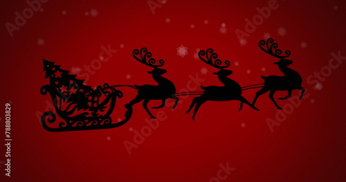 Santa Claus riding in sleigh pulled by reindeer, flying across red background