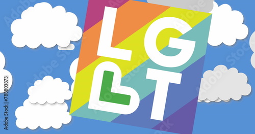LGBT sign floats in white clouds against a blue sky
