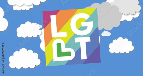 A colorful sign with LGBT letters against blue sky background with white clouds
