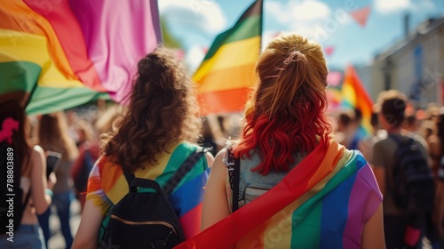 couple of women at an LGBT march with flags © Marco
