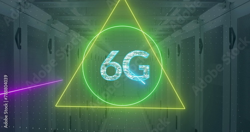 A neon green triangle encloses blue 6G symbol inside a server room