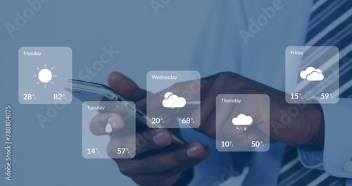 Photos African American professional checking weather forecast on digital interface