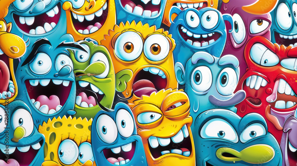 A group of cartoon characters with their mouths open, expressing various emotions or reactions