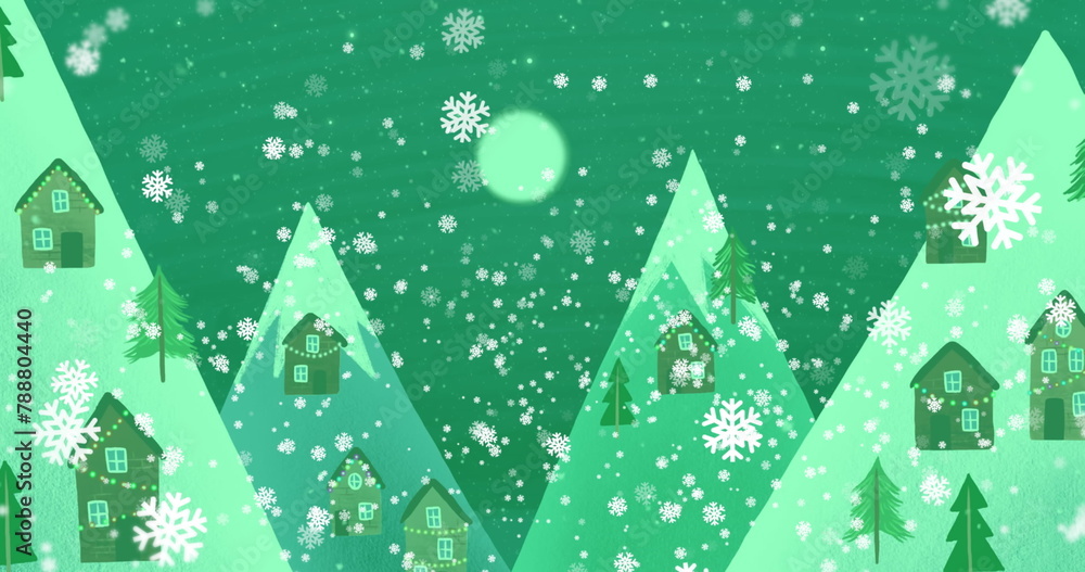 Naklejka premium Snowflakes are falling over small houses nestled among stylized green mountains