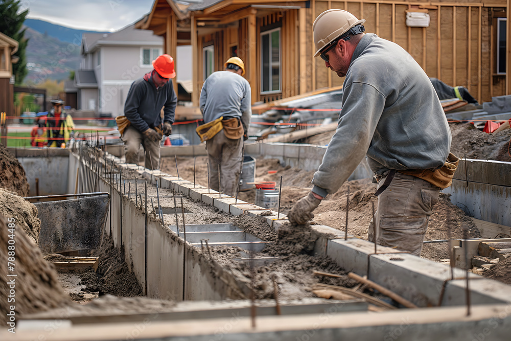 Team of the construction workers works on foundation of contemporary house. Team of the construction workers works on foundation of contemporary house.