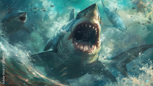 A shark with its mouth wide open swims menacingly in the water, exposing rows of sharp teeth © sommersby