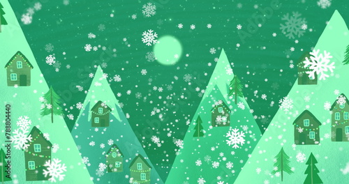 Snowflakes are falling over small houses nestled among stylized green mountains