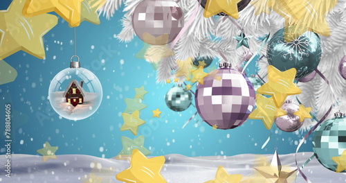 Colorful Christmas ornaments are hanging against festive backdrop