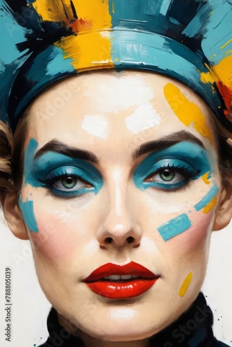 AI generated illustration of a colorful portrait of a woman with vibrant makeup