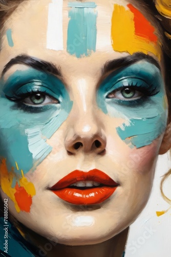 AI generated illustration of a girl with colorful makeup appears to be adorned in vibrant hues