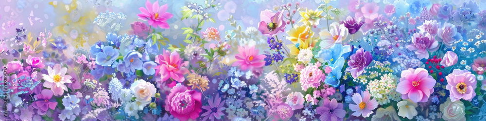 A painting depicting a colorful field filled with a variety of vibrant flowers in bloom, showcasing a beautiful array of hues and textures A painting depicting a colorful field filled with a variety of vibrant flowers in bloom, showcasing a beautiful array of hues and textures