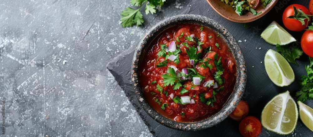 Traditional Mexican tomato salsa (salsa roja) with ingredients displayed on a pale grey slate, stone, or concrete surface. Canva with empty space from a bird's eye view. Traditional Mexican tomato salsa (salsa roja) with ingredients displayed on a pale grey slate, stone, or concrete surface. Canva with empty space from a bird's eye view.