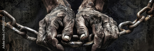 Hands bound by chains in a group, symbolizing confinement and restriction of movement photo