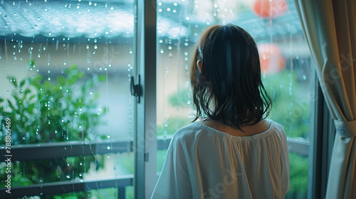 窓から外を見る女性