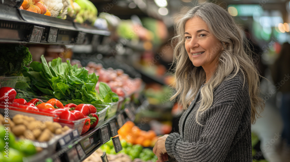 AI generated illustration of a middle-aged woman shopping for fresh fruits at a market stall