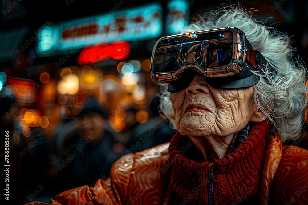AI generated illustration of an elderly woman in VR glasses