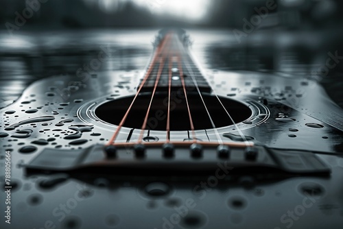 AI generated illustration of a monochrome image of guitar with water droplets on strings