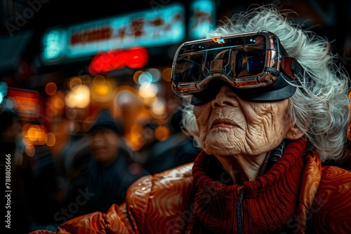 AI generated illustration of an elderly woman in VR glasses