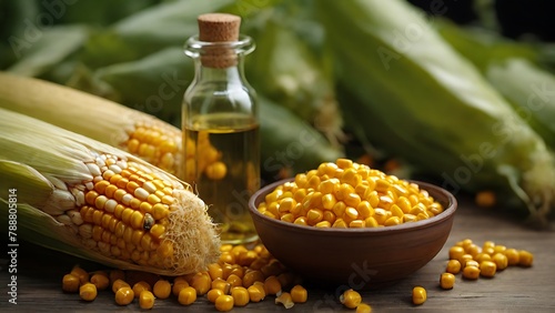 Corn Duo: Corn and Corn Oil Set Against White Background