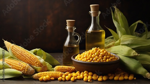 Maize Medley: Corn and Corn Oil Displayed Against White Background