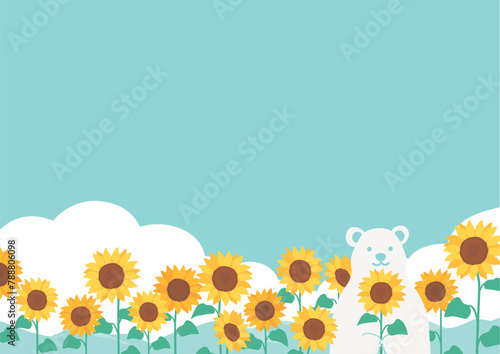 ひまわりとシロクマの夏の背景イラスト