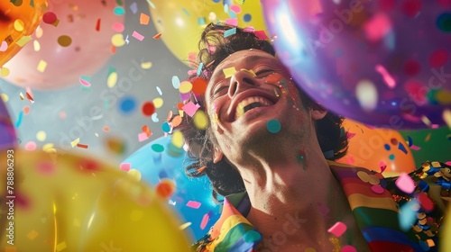 gay man celebrating at a party smiling and LGBT colors