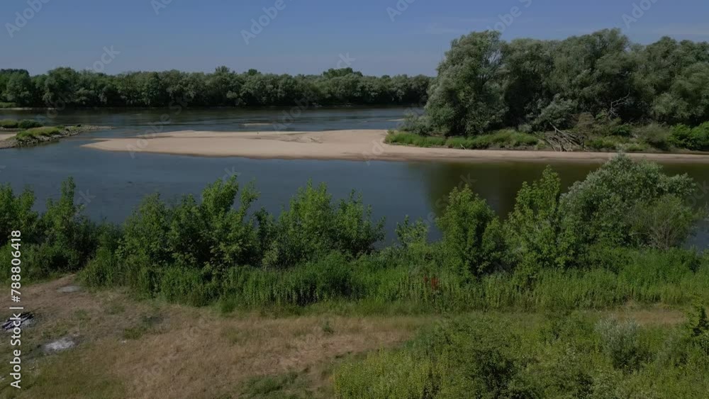 Drone view of sandy shores with water puddles on islets in by a river flowing on a sunny day Drone view of sandy shores with water puddles on islets in by a river flowing on a sunny day