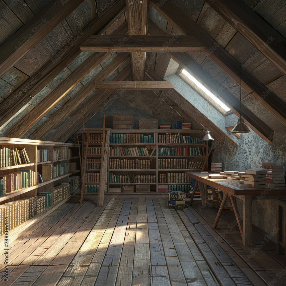 Obraz premium interior, attic, room, architecture, floor, stairs, window, old, corridor, wall, building, wood, house, empty, home, light, design, wooden, dark, staircase, indoor, inside, nobody, hall, hallway, door