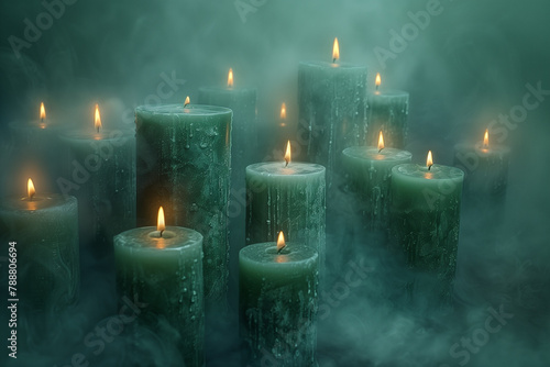 AI generated illustration of green candles in a green foliage background