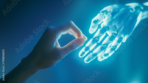 Close-up of a human hand reaching out to touch a robotic hand, AI-generated.