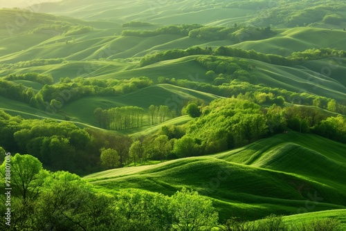 Lush green grass surrounded by hills and trees in a scenic valley, AI-generated. © Wirestock