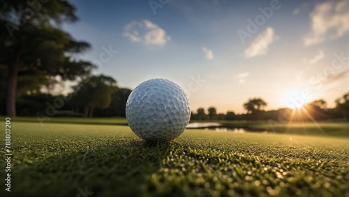 Close-up of a golf ball on a lush course at sunset, with trees and a pond nearby, AI-generated.